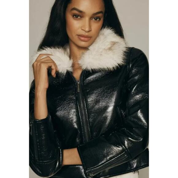 Unreal Fur Jackets & Blazers - Unreal Fur Wet Look Black Aviator Jacket Size M NEW